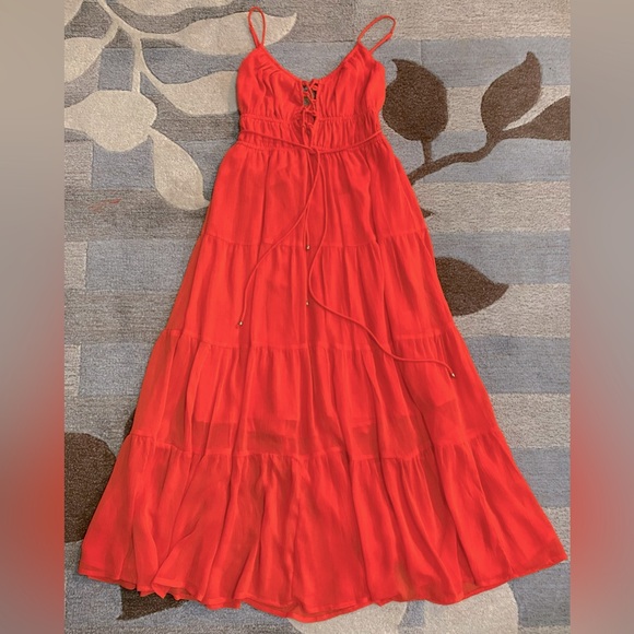 Sage+Paige Lace Up Bodice Changing Focus Tiered Midi Dress in Tangerine Chiffon - Picture 7 of 9